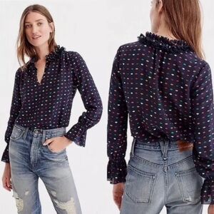 J. Crew Ruffle-Neck 100% Silk Top navy blue multicolor Lips Print Size 2